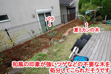 和風の印象が強いツゲなどの不要な木を処分してこられたそうです　レンガで可愛いお庭～神奈川県横浜市Ｔ様庭リフォーム施工事例／可愛い庭,かわいい庭,大人可愛い庭,レンガの庭で洋風ガーデンに造園