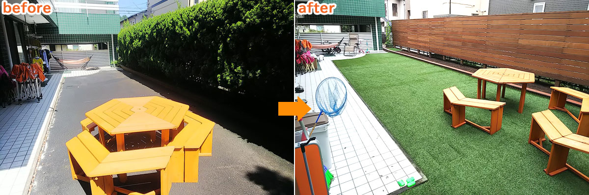 神奈川藤沢市N様邸 コンクリート舗装から天然木ウッドフェンスと人工芝生でおしゃれな温かみのあるお庭に~人工芝雑草対策,人工芝,メリット,デメリット,DIY費用,DIY施工方法,人工芝おしゃれ