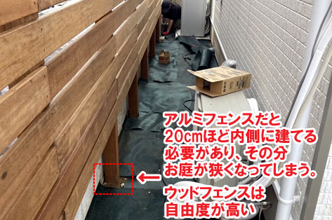 アルミフェンスだと20cmほど内側に建てる必要があり、その分お庭が狭くなってしまう。ウッドフェンスは自由度が高い～おしゃれな庭,おしゃれな外構,犬の庭.ドッグラン,放し飼い,庭デザイン,リゾート風,ホテルライク,玄関アプローチ,コンクリート,芝生,天然芝生,雑草対策