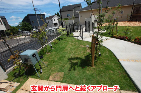 玄関から門扉へと続くアプローチ～おしゃれな庭,おしゃれな外構,犬の庭.ドッグラン,放し飼い,庭デザイン,リゾート風,ホテルライク,玄関アプローチ,コンクリート,芝生,天然芝生,雑草対策