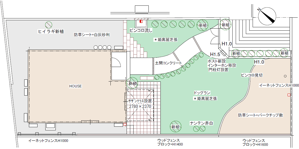 ご提案図、レイアウト図、図面～おしゃれな庭,おしゃれな外構,犬の庭.ドッグラン,放し飼い,庭デザイン,リゾート風,ホテルライク,玄関アプローチ,コンクリート,芝生,天然芝生,雑草対策