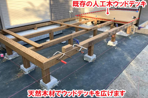 天然木材でウッドデッキを広げます神奈川県茅ヶ崎市T様邸 人工芝雑草対策でいつでもきれいな庭~人工芝とタイルで雑草対策リフォーム事例/人工芝,リフォーム,お手入れ簡単,手入れが楽,きれい,簡単,神奈川県,茅ヶ崎市,庭,雑草対策