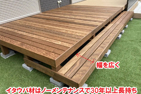 イタウバ材はノーメンテナンスで30年以上長持ち神奈川県茅ヶ崎市T様邸 人工芝雑草対策でいつでもきれいな庭~人工芝とタイルで雑草対策リフォーム事例/人工芝,リフォーム,お手入れ簡単,手入れが楽,きれい,簡単,神奈川県,茅ヶ崎市,庭,雑草対策
