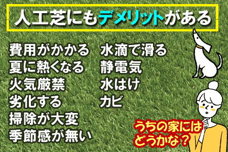 人工芝にもデメリットがある～人工芝生の評判、感想、口コミを元に人工芝生のメリット・デメリット、DIYでの費用 価格 料金を天然芝生と比較。人工芝を敷きたい方におすすめの庭リフォーム (神奈川県・鎌倉市・横浜市・川崎市・相模原市・藤沢市・茅ヶ崎市・厚木市・大和市・海老名市・小田原市・二宮町・大磯町・寒川町・平塚市）