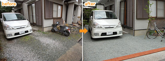 小田原市 Ｔ様邸駐車場、大型バイク置き場施工事例 雑草 造園 外構 エクステリア 剪定 お庭のリフォームはグリーンパトロール 神奈川県・鎌倉市・横浜市・川崎市・相模原市・藤沢市・茅ヶ崎市・厚木市・大和市・海老名市・小田原市・二宮町・大磯町・寒川町・平塚市