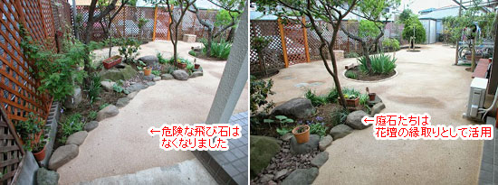 神奈川県茅ヶ崎市 Ｏ様邸 雑草対策 防草舗装(固まる土)庭リフォーム・造園 施工例 転倒防止&段差解消で老後も安心の庭　外構 エクステリア 剪定