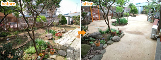 神奈川県茅ヶ崎市 O様邸 雑草対策 防草舗装(固まる土)庭リフォーム・造園 施工例 転倒防止&段差解消で老後も安心の庭 外構 エクステリア 剪定