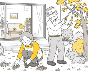 歳を重ねるとともに、しゃがんでの草むしりや植木の剪定、落ち葉掃除は、想像以上に体への負担になっていきます/シニア世代の快適お庭リフォーム~手入れが楽で便利で安心。家族と楽しむ夢の庭づくり~シニア,高齢者,安全な庭,庭じまい,介護庭工事,親世代,老後,雑草対策,洗濯物干し場,女性一級建築士,ノーメンテナンス,メンテナンスフリー,ローメンテナンス,管理が楽