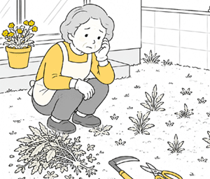 抜く・刈る・薬で枯らすの雑草対策は、一時的な処置に過ぎず、土がむき出しである限り、雑草は何度でも生えてきます/シニア世代の快適お庭リフォーム~手入れが楽で便利で安心。家族と楽しむ夢の庭づくり~シニア,高齢者,安全な庭,庭じまい,介護庭工事,親世代,老後,雑草対策,洗濯物干し場,女性一級建築士,ノーメンテナンス,メンテナンスフリー,ローメンテナンス,管理が楽