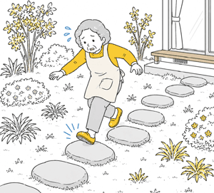 飛び石や庭の段差は、つまずきや転倒の原因になりやすい箇所です/シニア世代の快適お庭リフォーム~手入れが楽で便利で安心。家族と楽しむ夢の庭づくり~シニア,高齢者,安全な庭,庭じまい,介護庭工事,親世代,老後,雑草対策,洗濯物干し場,女性一級建築士,ノーメンテナンス,メンテナンスフリー,ローメンテナンス,管理が楽