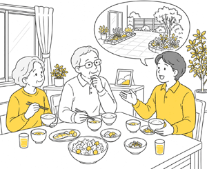 負担を減らし、安心して過ごせるお庭を話し合ってみてください/シニア世代の快適お庭リフォーム~手入れが楽で便利で安心。家族と楽しむ夢の庭づくり~シニア,高齢者,安全な庭,庭じまい,介護庭工事,親世代,老後,雑草対策,洗濯物干し場,女性一級建築士,ノーメンテナンス,メンテナンスフリー,ローメンテナンス,管理が楽