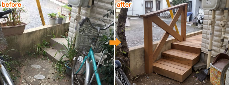 母のための親孝行ウッドデッキ、母の転倒防止&介護用手すり~神奈川県茅ヶ崎市W様邸施工例