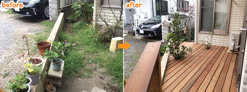 母のための親孝行ウッドデッキ、母の転倒防止&介護用手すり~神奈川県茅ヶ崎市W様邸施工例
