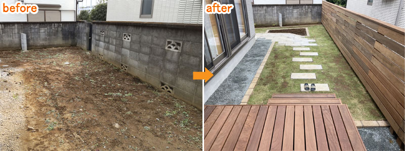 お客様の声/グリーンパトロールの口コミ、評判～川崎市F様 新築後そのままの庭をリフォーム!デッキ･芝･フェンス施工例・感想・口コミ・評判