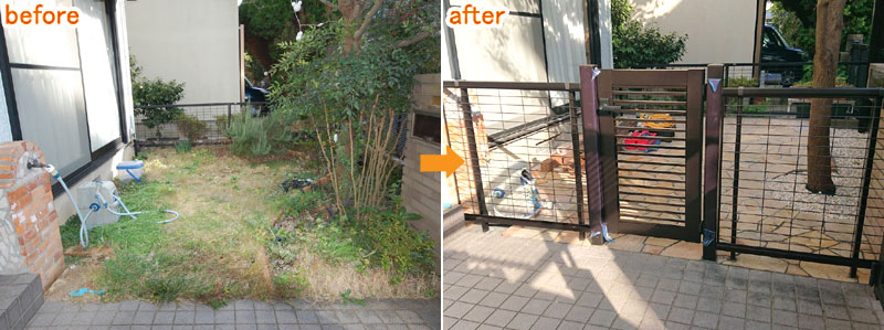 柵と石張りでペットの犬と猫が自由に遊べる庭へリフォーム~横浜市K様ジェラストーン、アルミフェンス事例