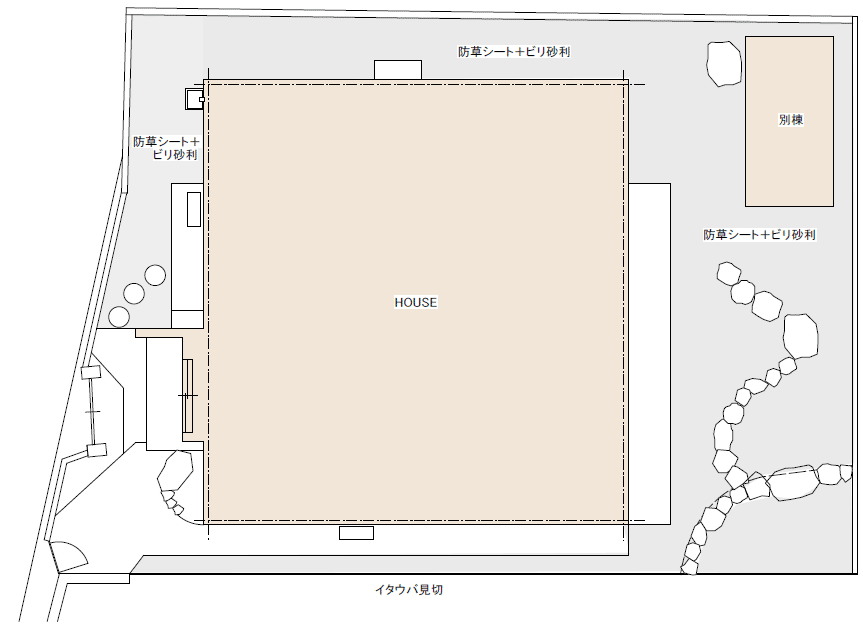 実家の空き家 雑草対策／お手入れ不要の砂利敷き防草工事 庭石処分提案図～横浜市 ノーメンテナンスの防草シート・砂利敷き雑草対策工事 実家の空き家 無人・誰も住んでいない空き家のお庭のおすすめ管理法
