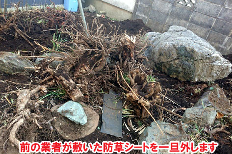 前の業者が敷いた防草シートを一旦外します～横浜市 ノーメンテナンスの防草シート・砂利敷き雑草対策工事 実家の空き家 無人・誰も住んでいない空き家のお庭のおすすめ管理法