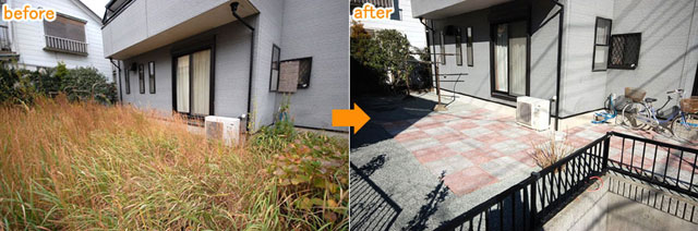 神奈川県 横浜市 タイル貼り 雑草対策 植栽目隠し施工事例