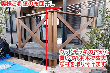 ウッドデッキの下から貫いて1本木で丈夫な柱を取り付けます レンガで可愛いお庭~神奈川県横浜市T様庭リフォーム施工事例/可愛い庭,かわいい庭,大人可愛い庭,レンガの庭で洋風ガーデンに造園